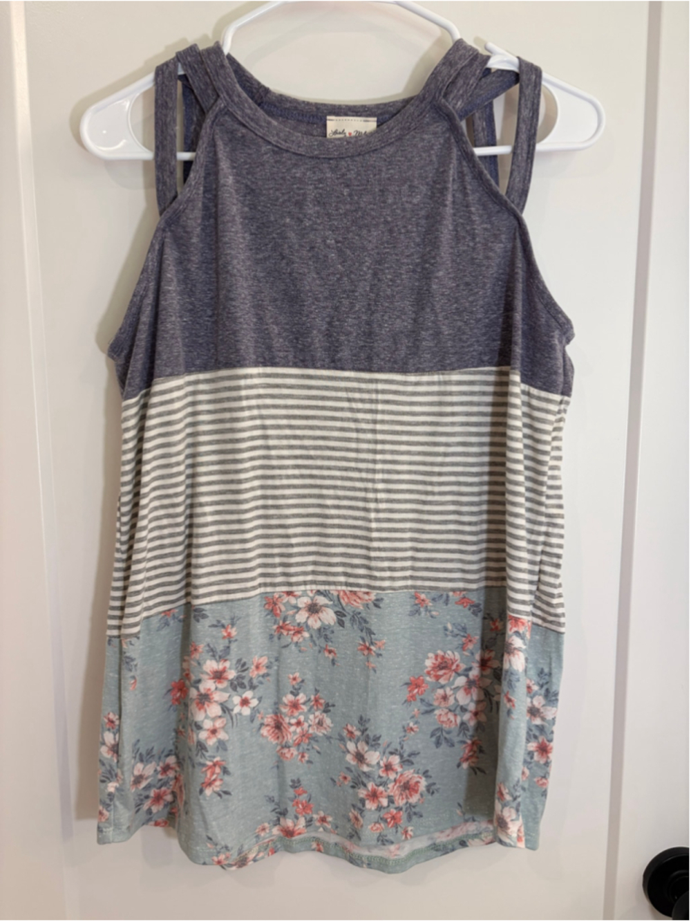 Lovely Melody Purple Floral Colorblock Striped Split Strap Tank Top EUC Size M